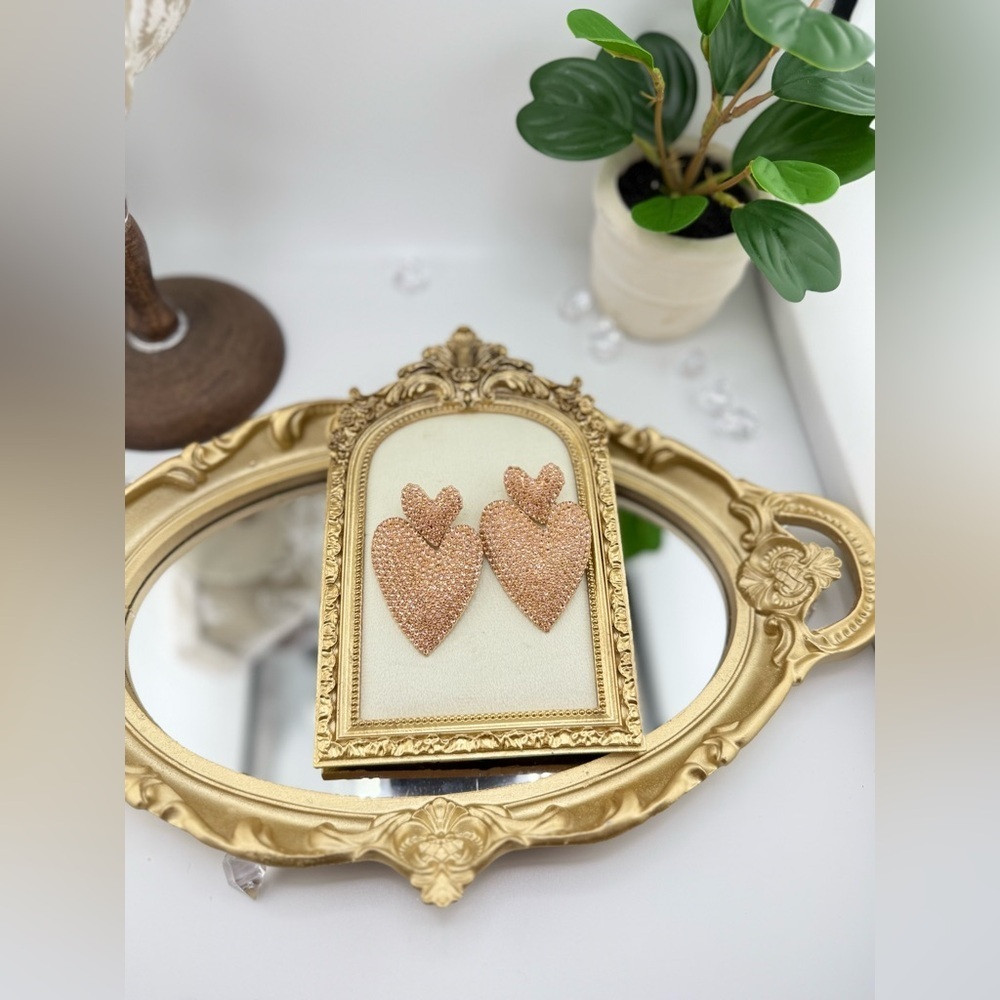 Statement Heart Earrings | Gold-Tone Rhinestone Drop Dangles - Picture 6 of 10